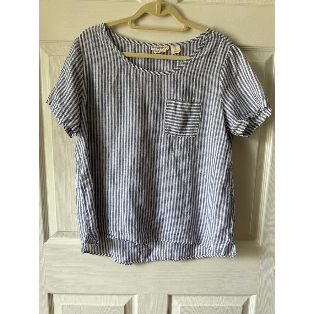 Christian Siriano New York 100% Linen Stripe Lightweight Short Sleeve Top M